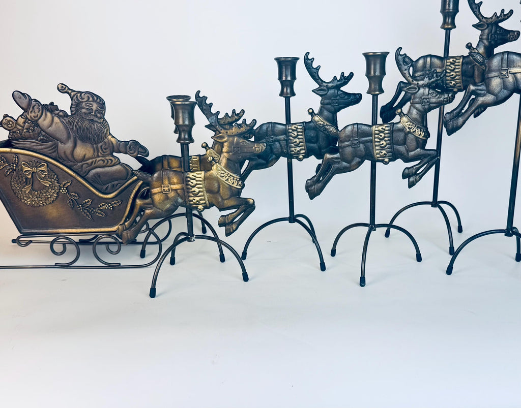 Vintage 1990s Solid Brass Reindeer & Sleigh Candleholder Set  Antiqued Gold Holiday Mantel or Table Centrepiece Display