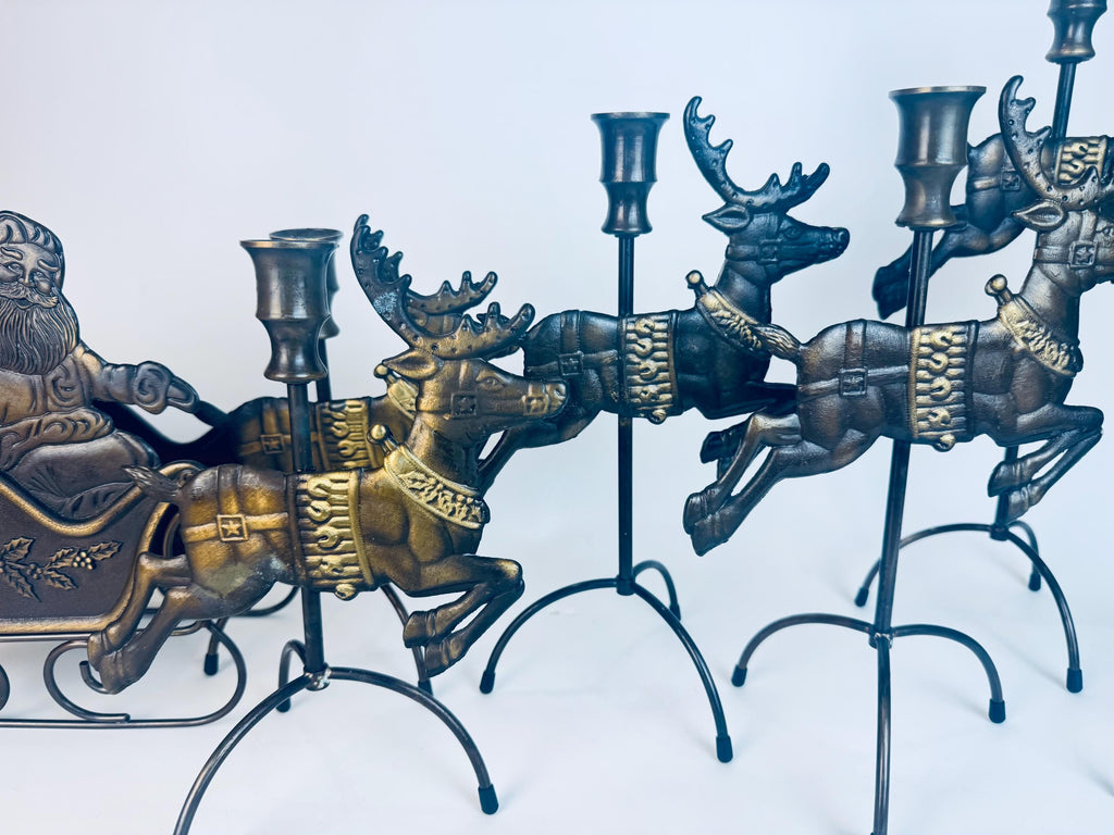 Vintage 1990s Solid Brass Reindeer & Sleigh Candleholder Set  Antiqued Gold Holiday Mantel or Table Centrepiece Display