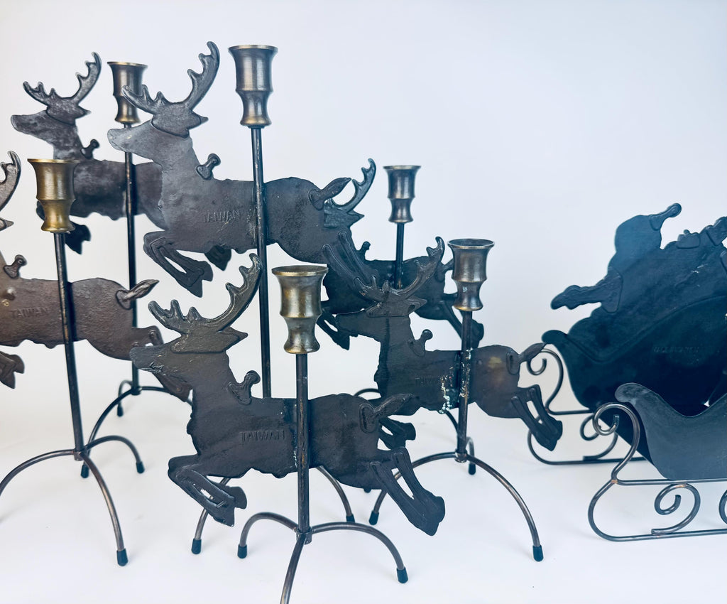 Vintage 1990s Solid Brass Reindeer & Sleigh Candleholder Set  Antiqued Gold Holiday Mantel or Table Centrepiece Display