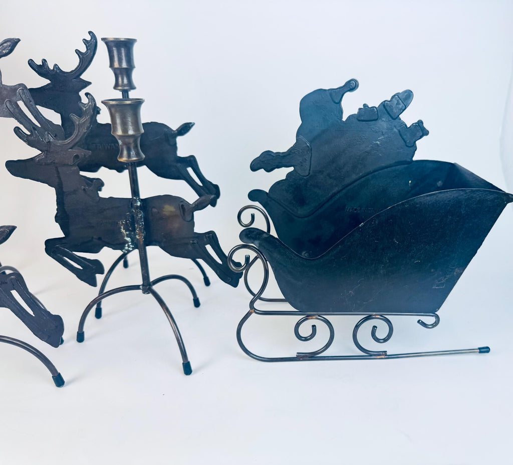 Vintage 1990s Solid Brass Reindeer & Sleigh Candleholder Set  Antiqued Gold Holiday Mantel or Table Centrepiece Display