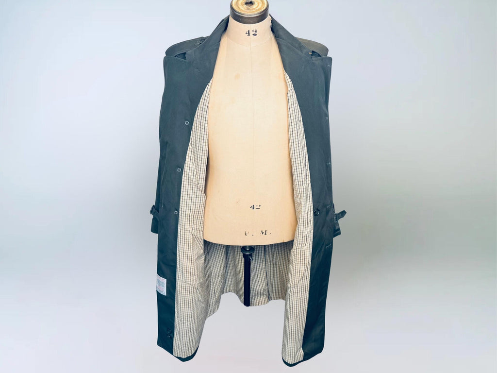 Vintage 1980s London Fog “Sutton Slate Green Military-Style Cotton Blend Belted Trench Coat  Made in Canada  Water Repellent Raincoat