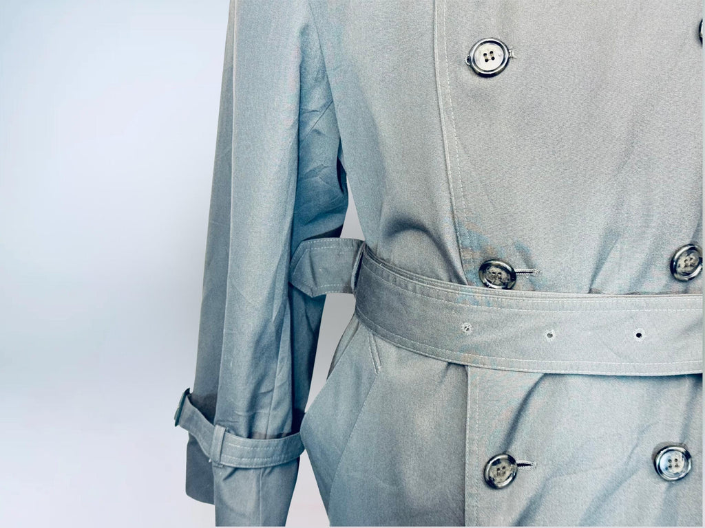 Vintage 1980s London Fog “Sutton Slate Green Military-Style Cotton Blend Belted Trench Coat  Made in Canada  Water Repellent Raincoat