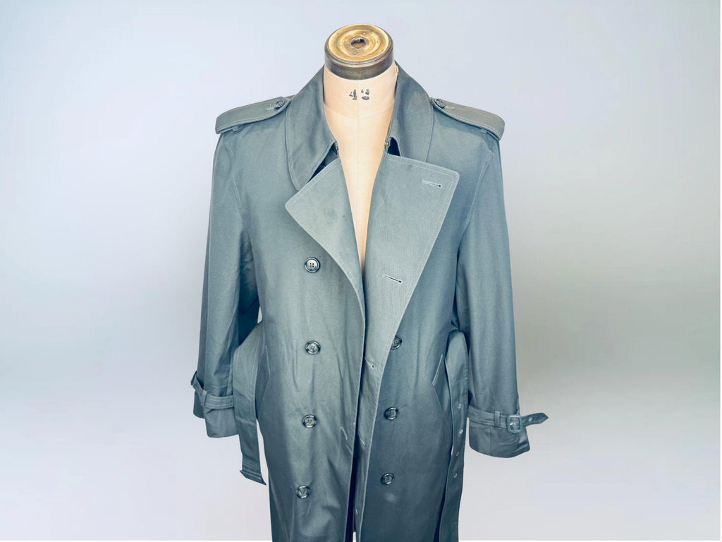Vintage 1980s London Fog “Sutton Slate Green Military-Style Cotton Blend Belted Trench Coat  Made in Canada  Water Repellent Raincoat