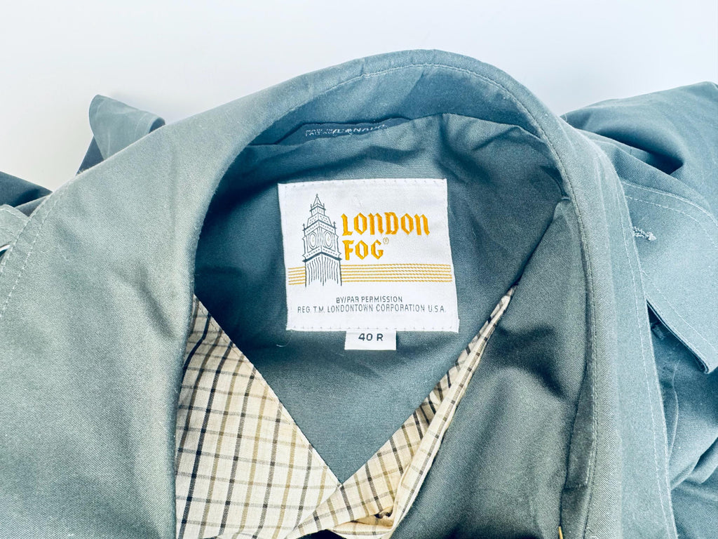 Vintage 1980s London Fog “Sutton Slate Green Military-Style Cotton Blend Belted Trench Coat  Made in Canada  Water Repellent Raincoat