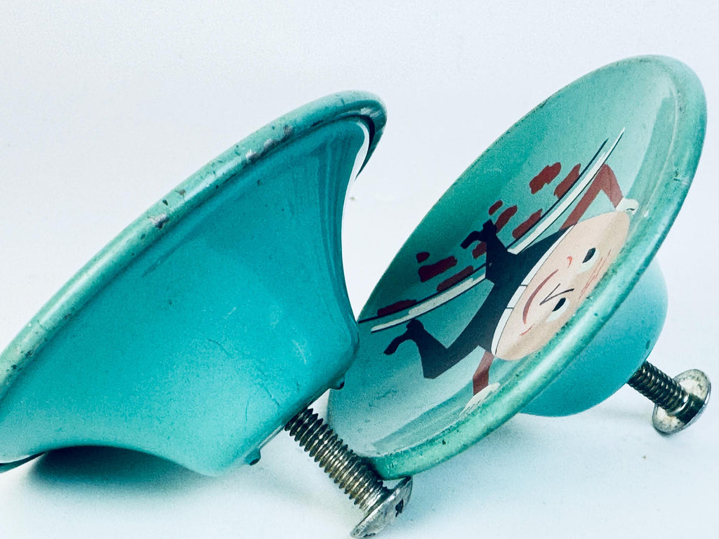 Vintage 1960s Amerock Storybook Humpty Dumpty Metal Drawer Knobs  Turquoise Mid-Century Nursery Furniture Pulls  Set of 2