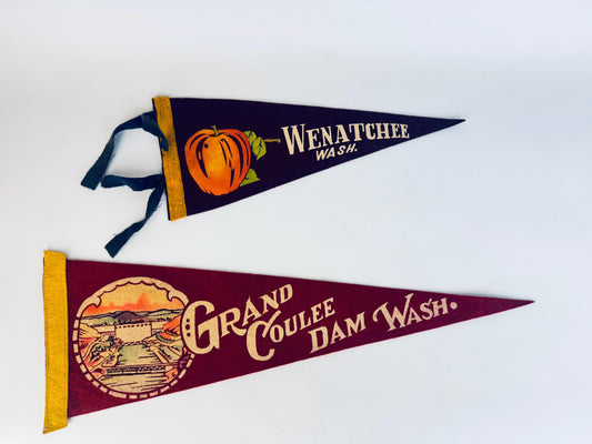 Two vintage-style pennants with scenic designs and text on a white background