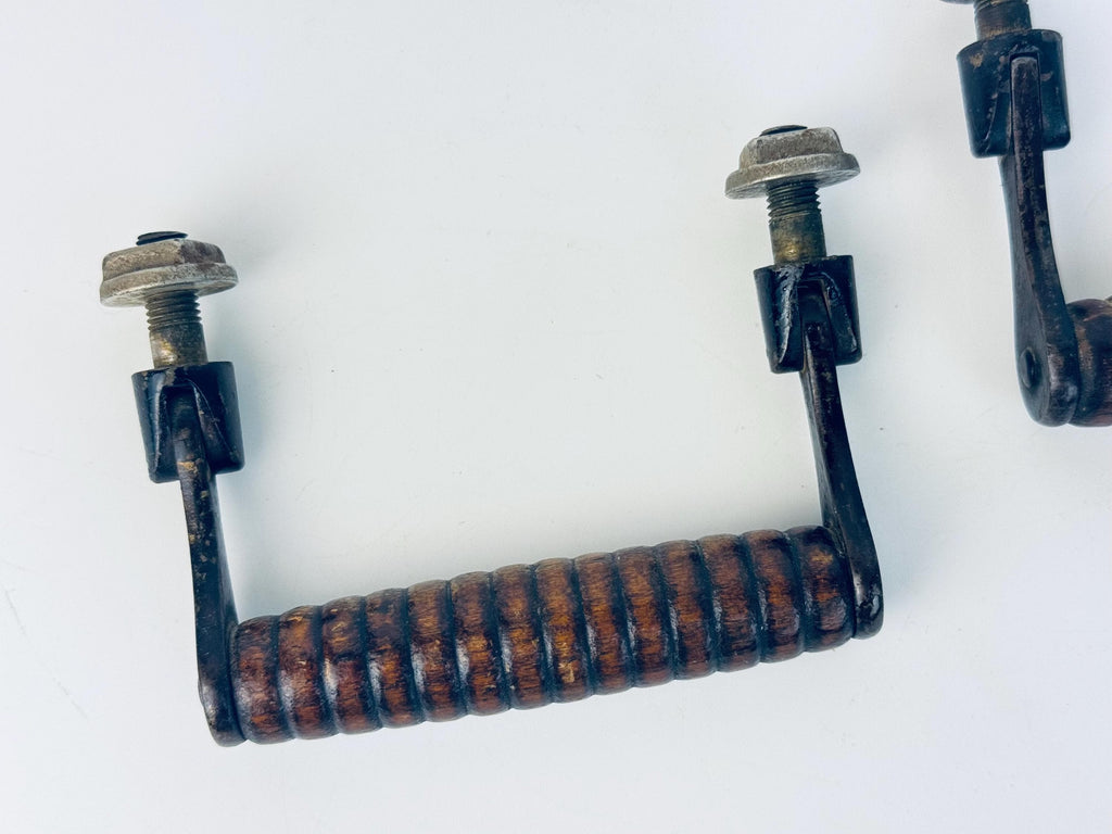 Vintage 1970s Ribbed Walnut + Black Metal Drawer Pulls  Retro Wood and Metal Furniture Handles  Vintage Cabinet Hardware - Sold Separately