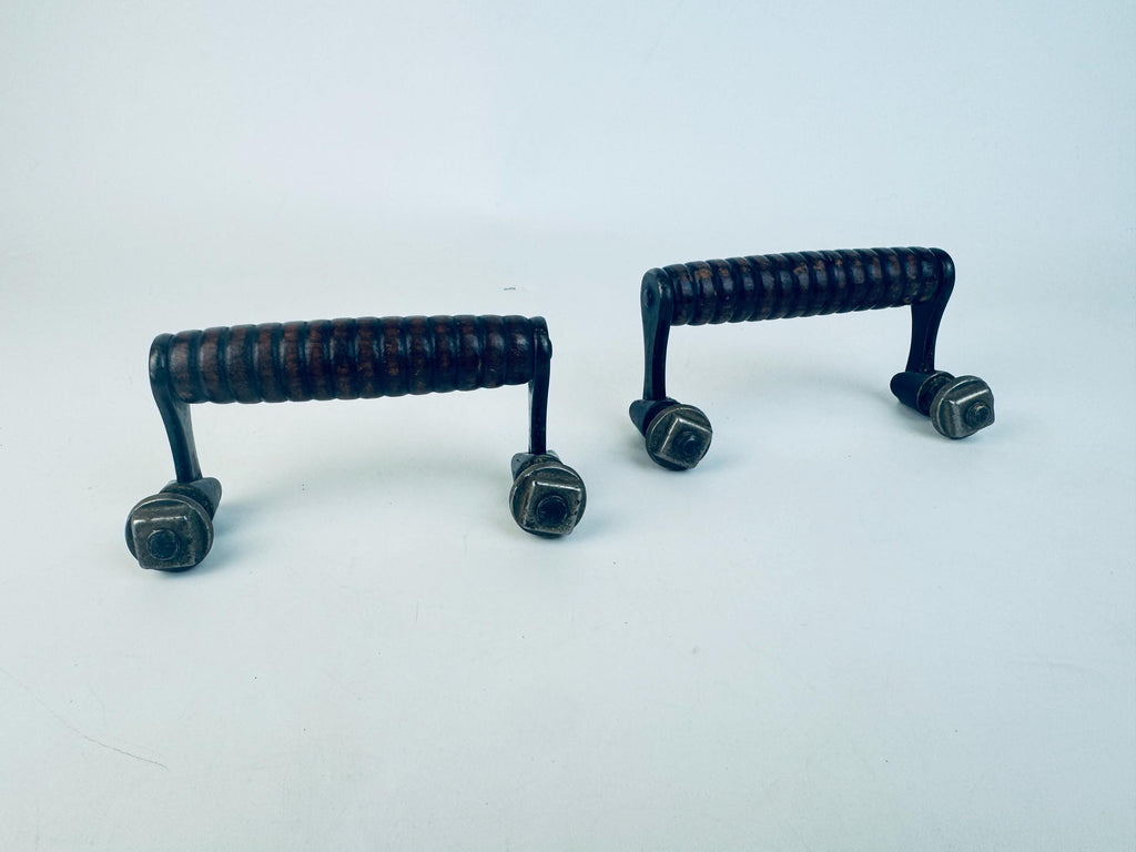 Vintage 1970s Ribbed Walnut + Black Metal Drawer Pulls  Retro Wood and Metal Furniture Handles  Vintage Cabinet Hardware - Sold Separately