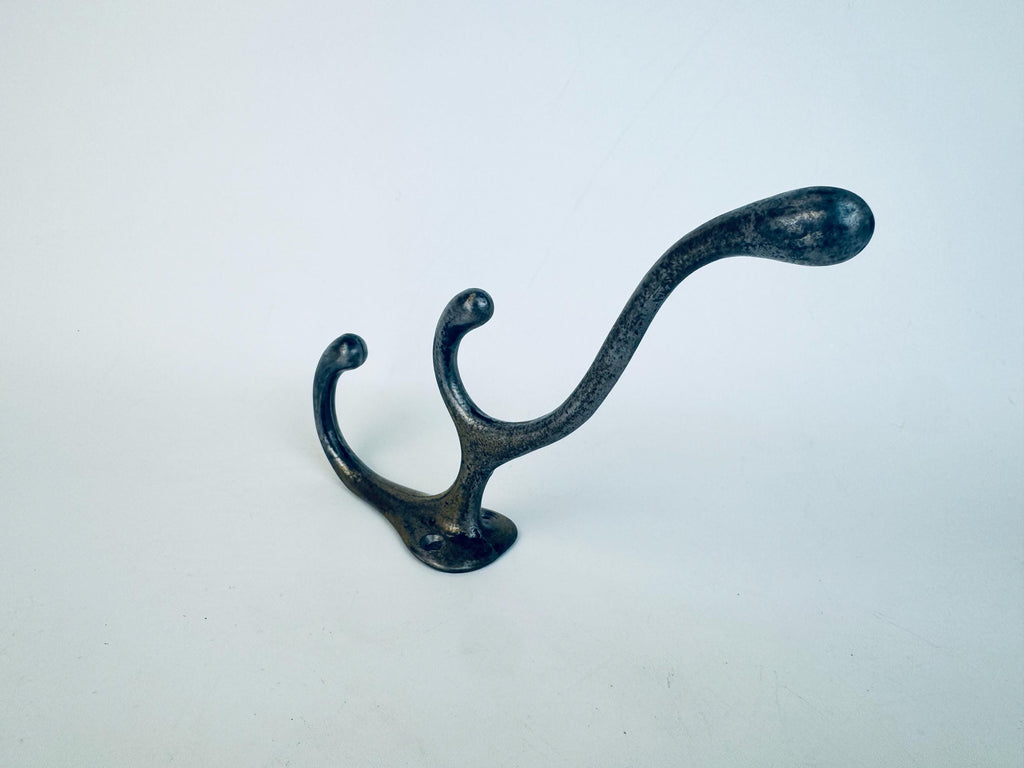 Vintage 1980s Cast Iron Wall Hook in Aged Bronze Finish  Industrial Triple Coat or Hat Hook
