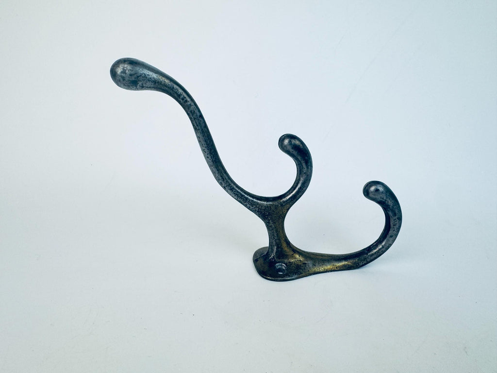 Vintage 1980s Cast Iron Wall Hook in Aged Bronze Finish  Industrial Triple Coat or Hat Hook