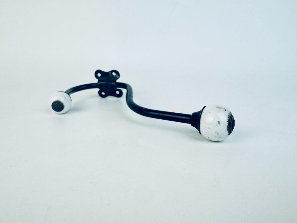 Antique Early 1900s Black Iron & White Porcelain Double Wall Hook  Vintage Entryway Hardware