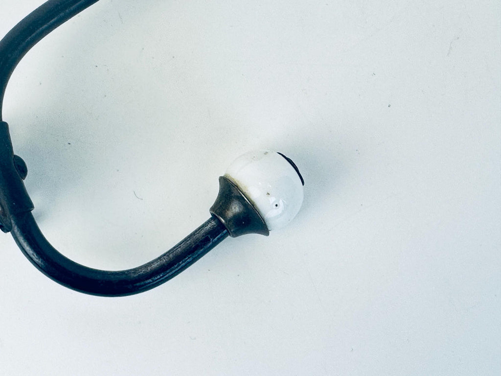 Antique Early 1900s Black Iron & White Porcelain Double Wall Hook  Vintage Entryway Hardware