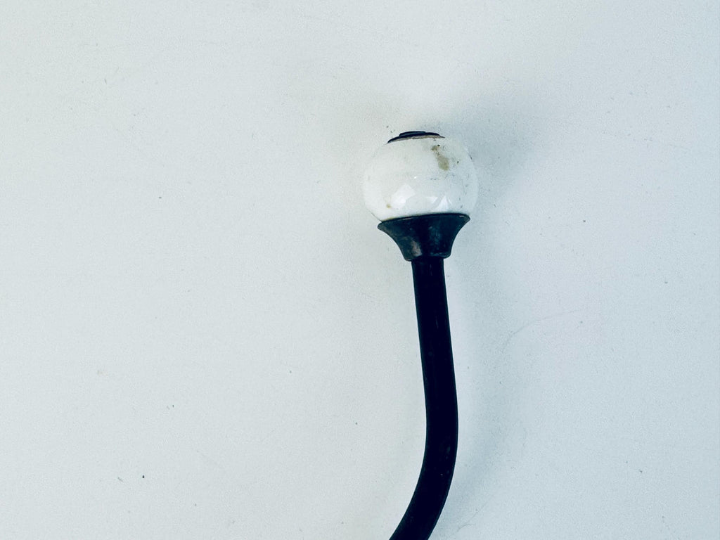 Antique Early 1900s Black Iron & White Porcelain Double Wall Hook  Vintage Entryway Hardware