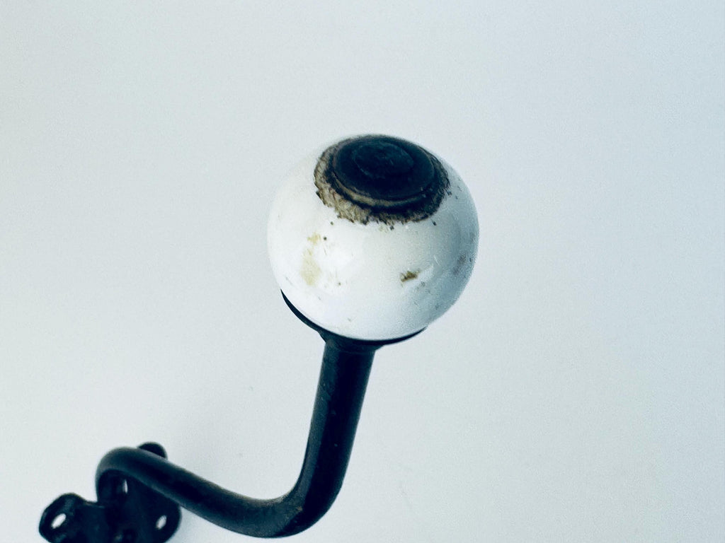 Antique Early 1900s Black Iron & White Porcelain Double Wall Hook  Vintage Entryway Hardware