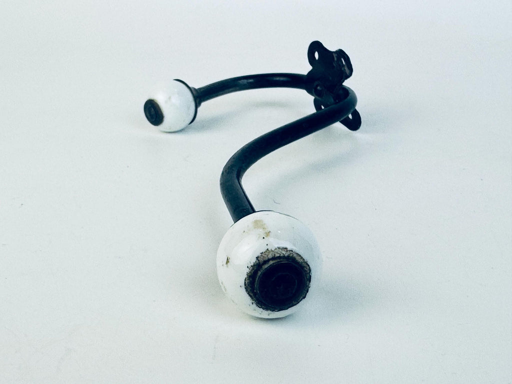 Antique Early 1900s Black Iron & White Porcelain Double Wall Hook  Vintage Entryway Hardware