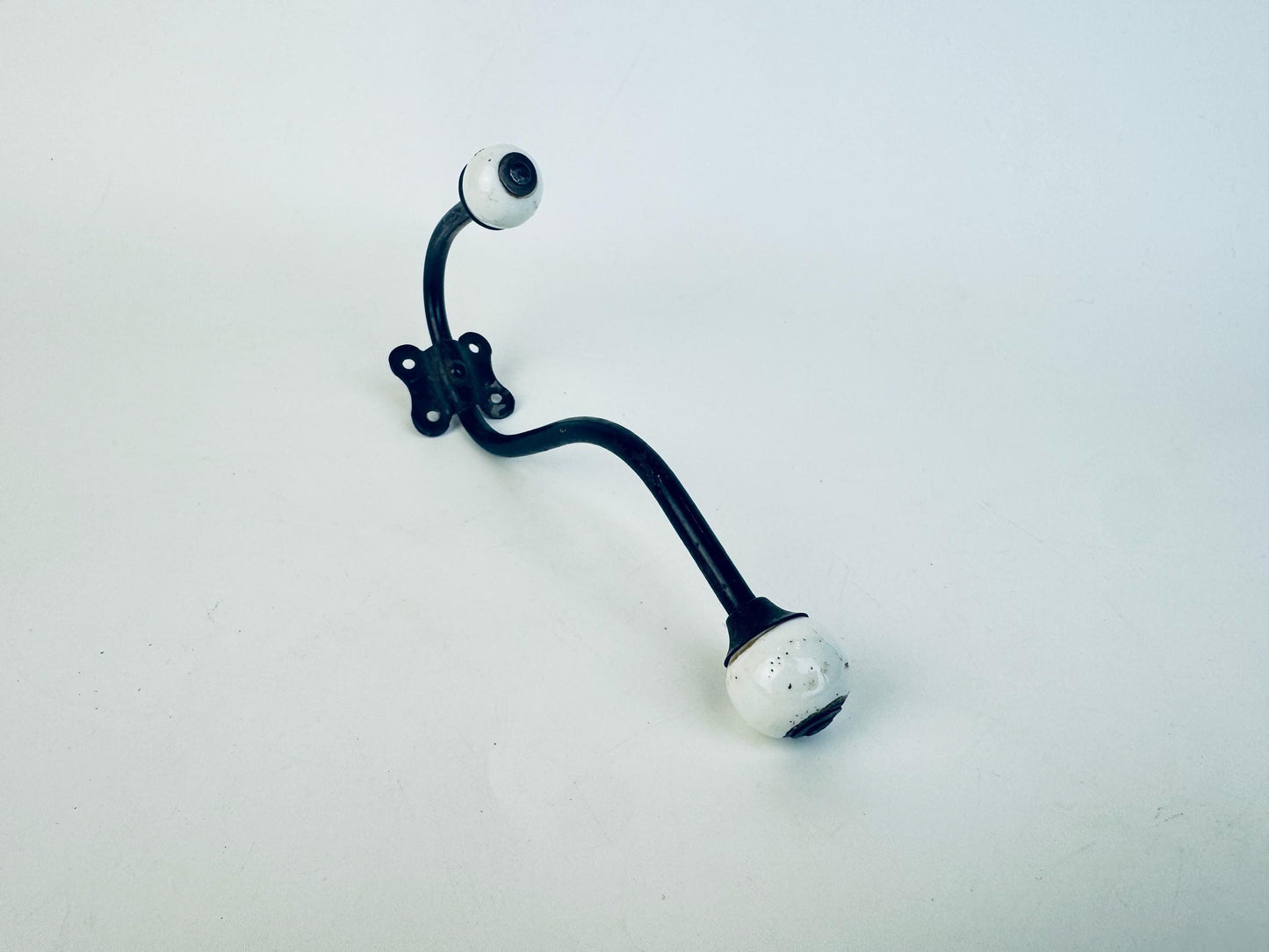 Antique Early 1900s Black Iron & White Porcelain Double Wall Hook  Vintage Entryway Hardware