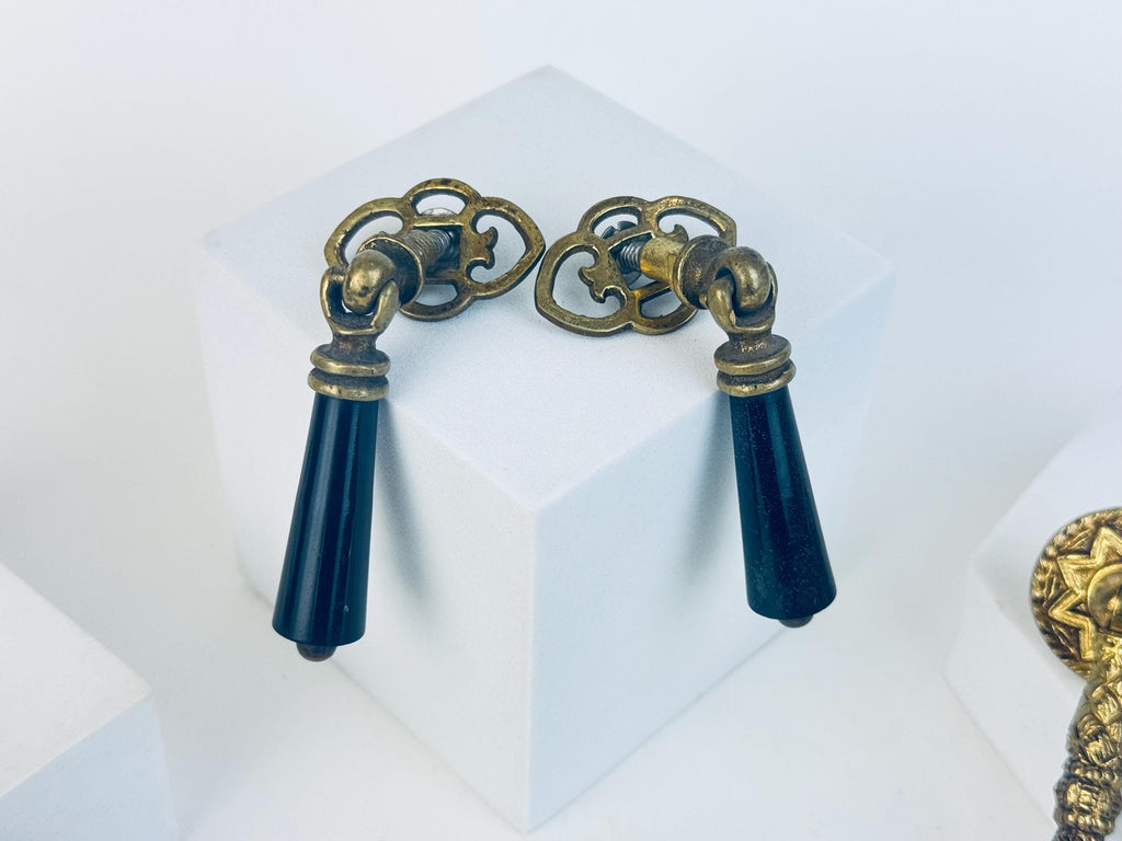 Vintage Brass & Stone Drawer Drop Pull Collection  Green Marble Stone  Black Drop  Gold Brass Tassel Hardware  Pulls Sold Separately