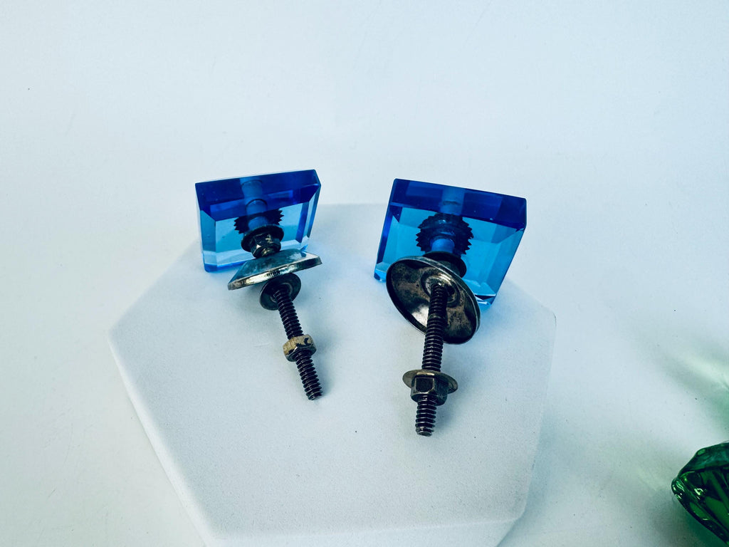 Vintage 1930s Depression Glass Drawer Knobs  Cobalt Blue & Emerald Green  Solid Glass Cabinet Pulls for Furniture Restoration