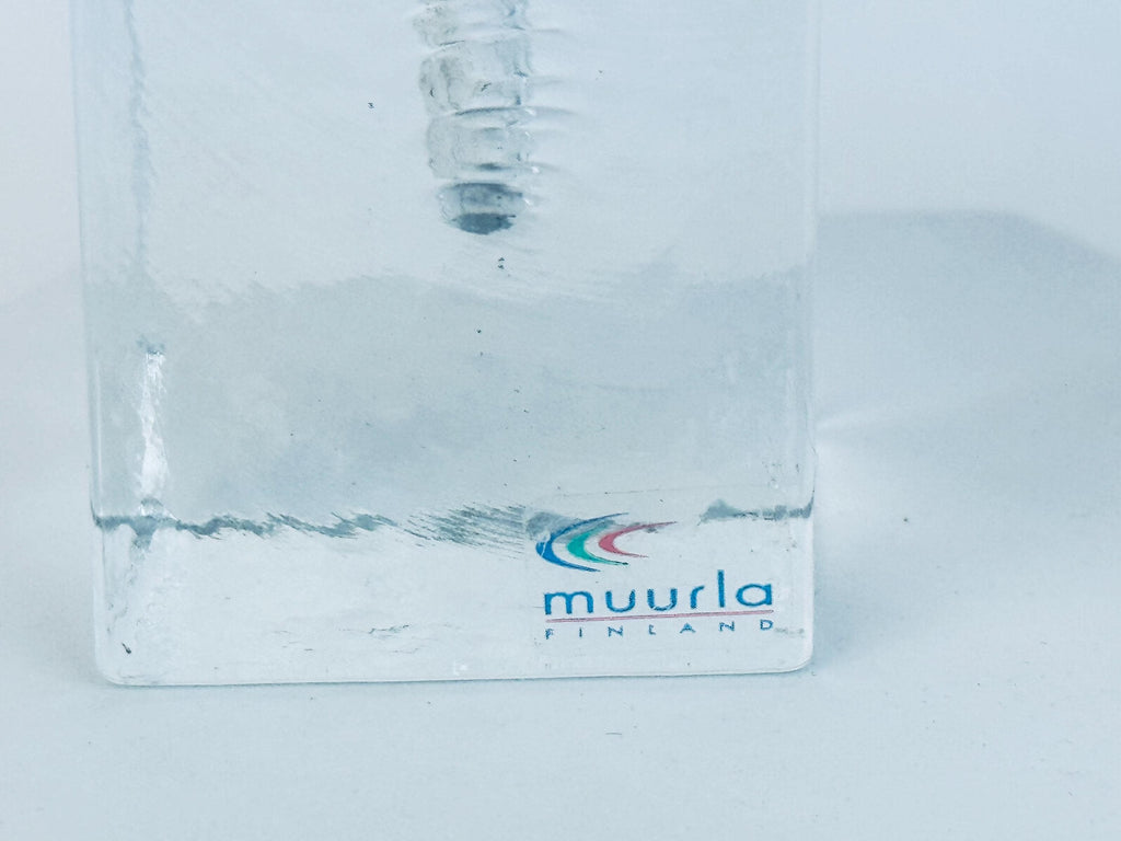 Vintage 1970s Clear Ice Glass Muurla Finland Sculptural Home Accent Extra Thin Candlestick Holders
