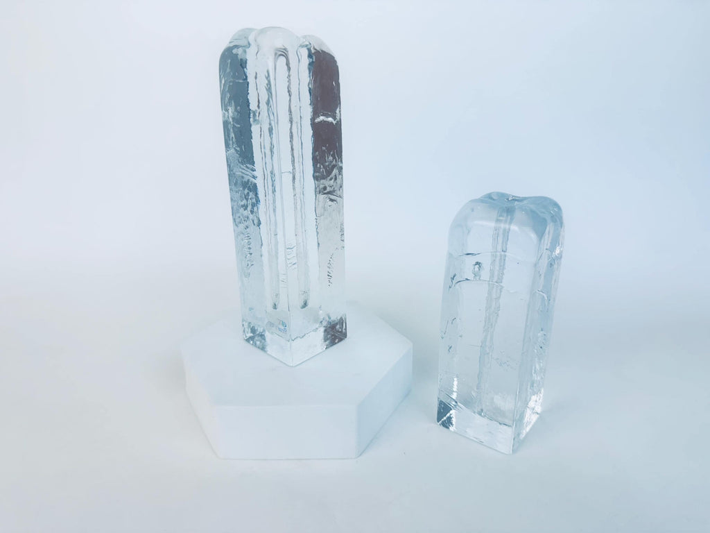 Vintage 1970s Clear Ice Glass Muurla Finland Sculptural Home Accent Extra Thin Candlestick Holders