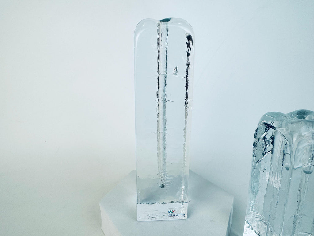 Vintage 1970s Clear Ice Glass Muurla Finland Sculptural Home Accent Extra Thin Candlestick Holders