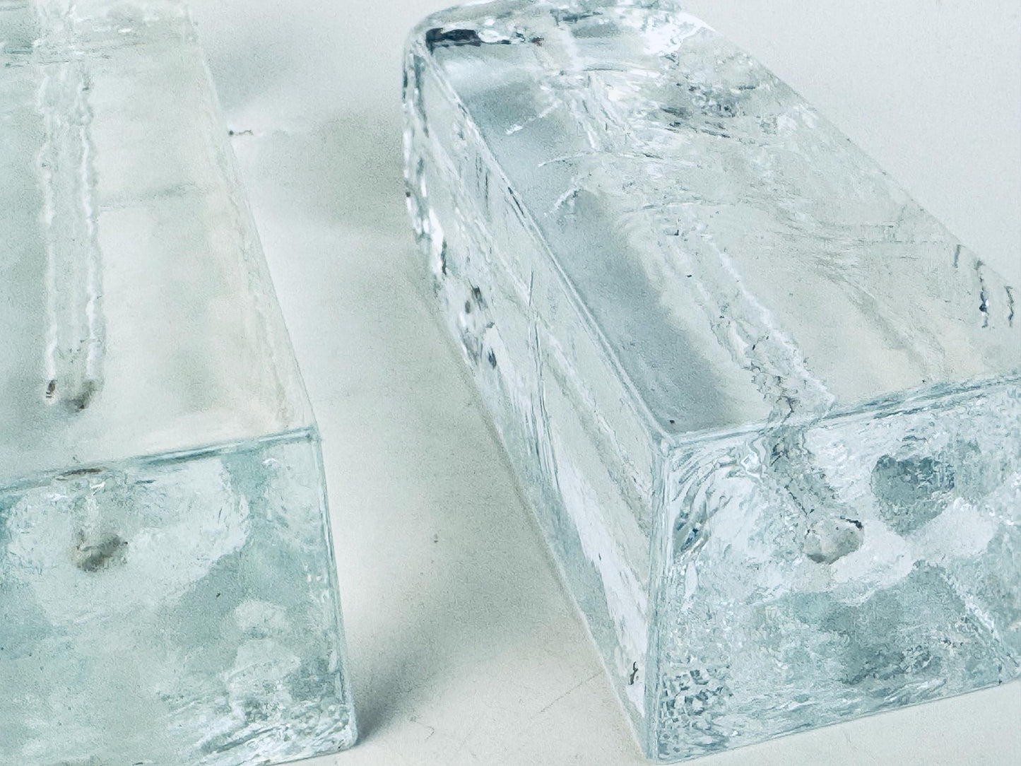 Vintage 1970s Clear Ice Glass Muurla Finland Sculptural Home Accent Extra Thin Candlestick Holders