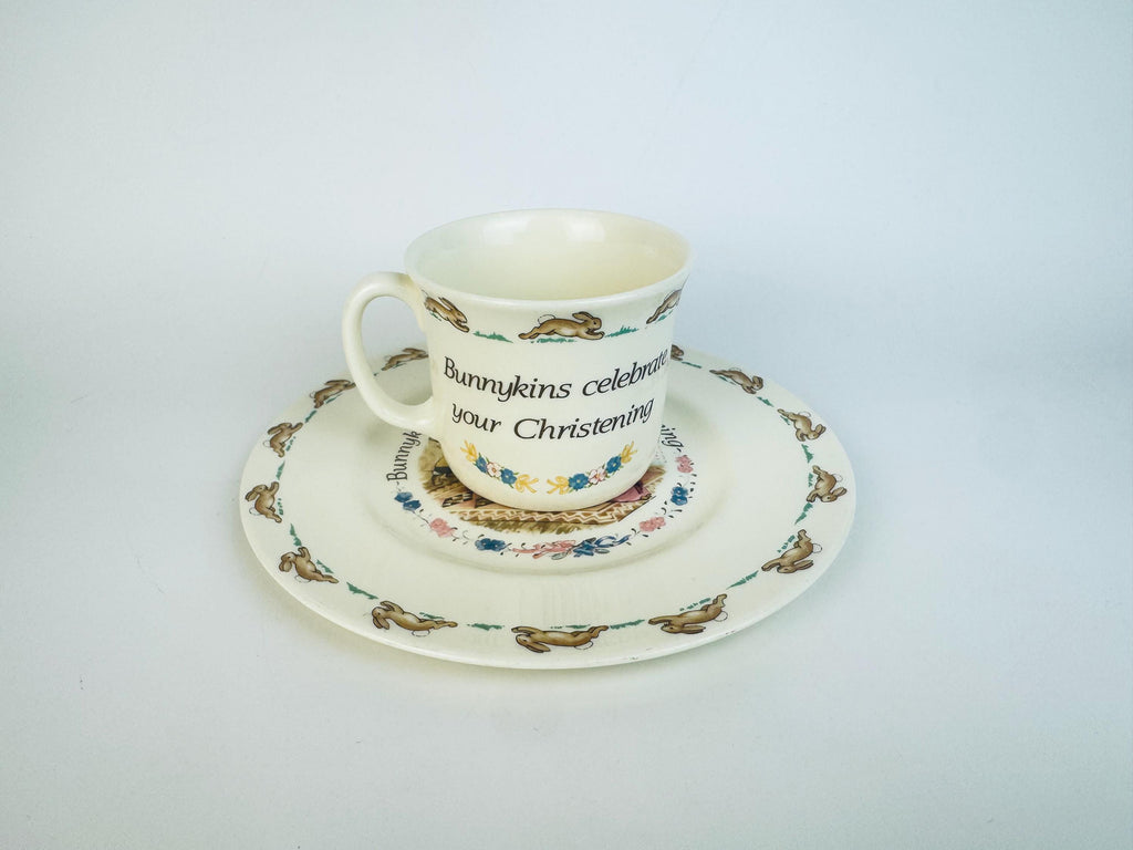 Vintage 1990s Cream Bunny Design Bone China Christening Dinnerware Set