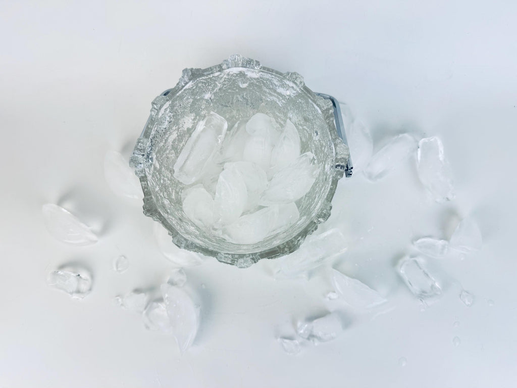 Vintage 1970s Clear Textured Ice Glass Pukeberg Sweden Ice Bucket - Chrome Handle Barware