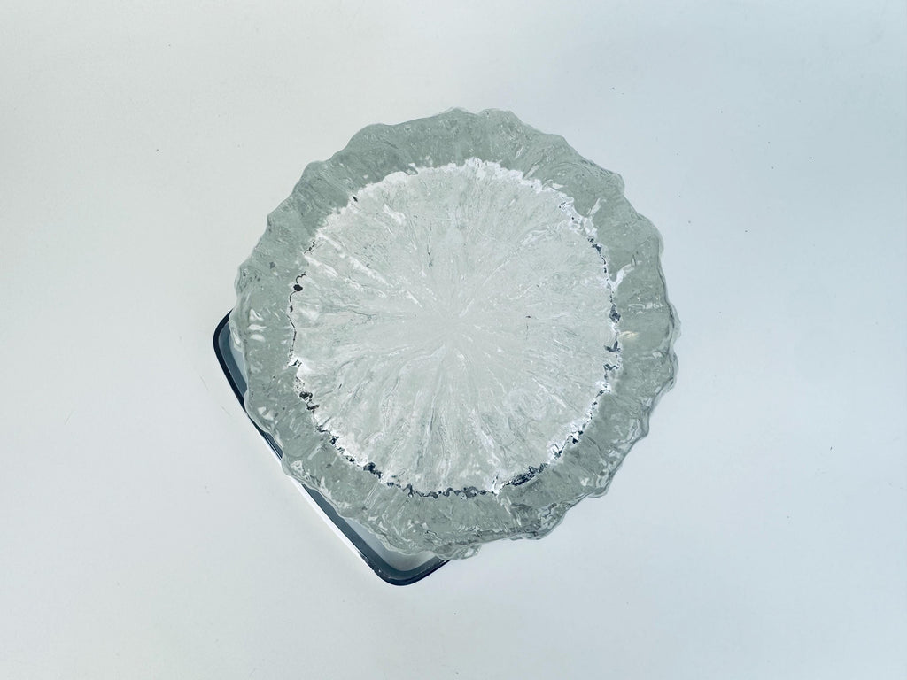 Vintage 1970s Clear Textured Ice Glass Pukeberg Sweden Ice Bucket - Chrome Handle Barware