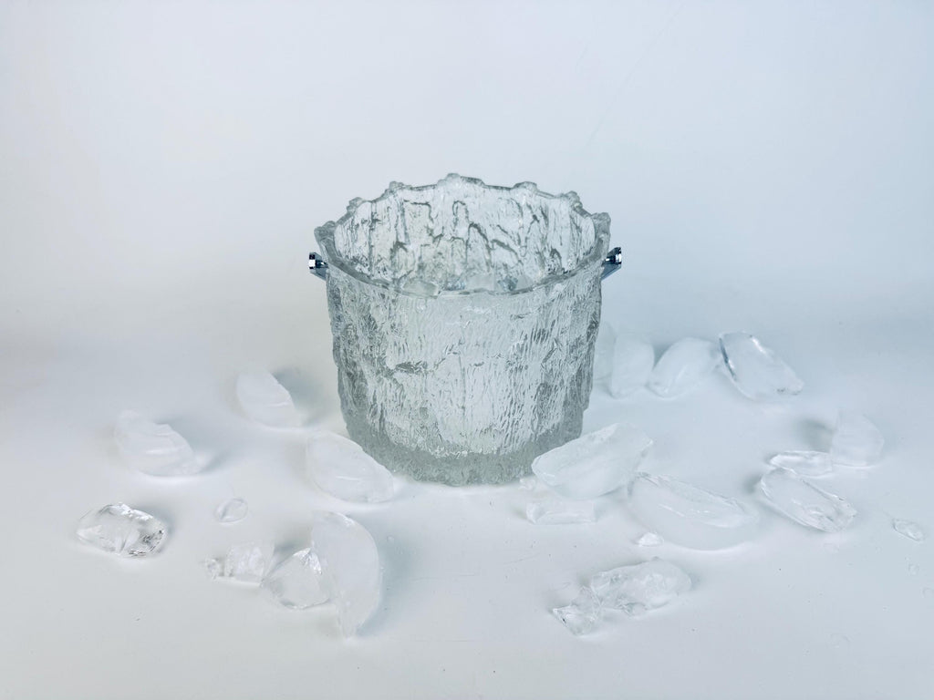 Vintage 1970s Clear Textured Ice Glass Pukeberg Sweden Ice Bucket - Chrome Handle Barware