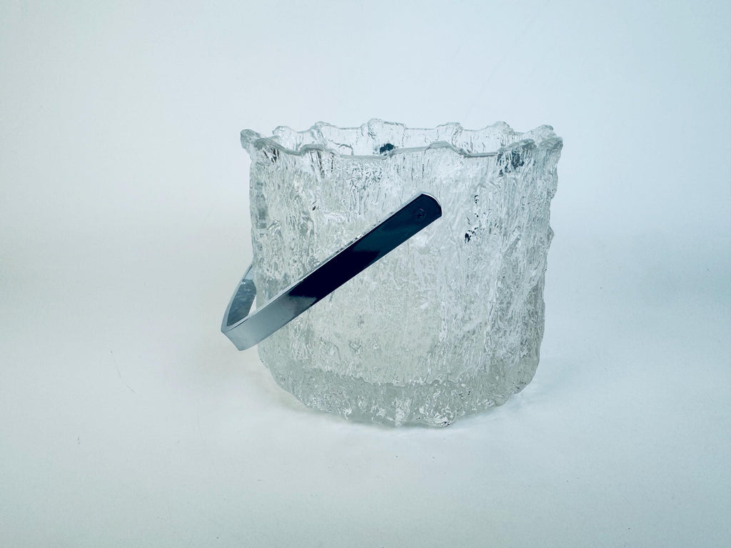 Vintage 1970s Clear Textured Ice Glass Pukeberg Sweden Ice Bucket - Chrome Handle Barware