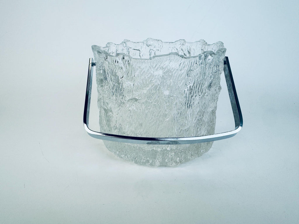 Vintage 1970s Clear Textured Ice Glass Pukeberg Sweden Ice Bucket - Chrome Handle Barware