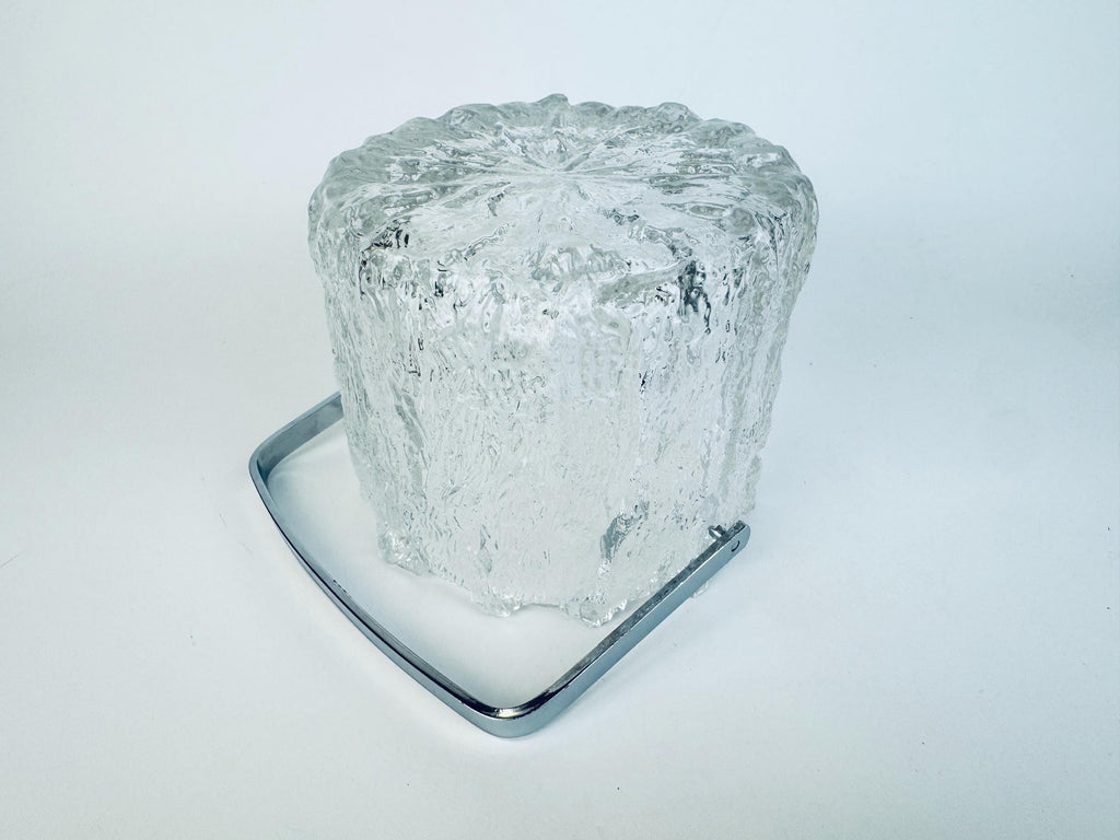 Vintage 1970s Clear Textured Ice Glass Pukeberg Sweden Ice Bucket - Chrome Handle Barware