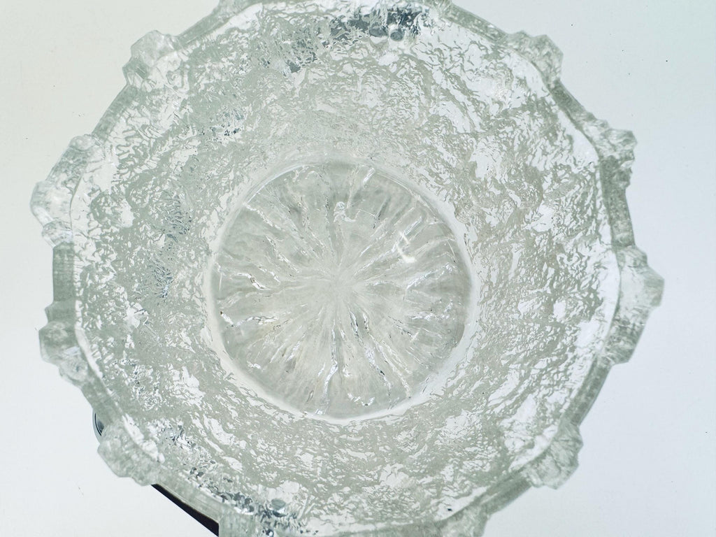 Vintage 1970s Clear Textured Ice Glass Pukeberg Sweden Ice Bucket - Chrome Handle Barware