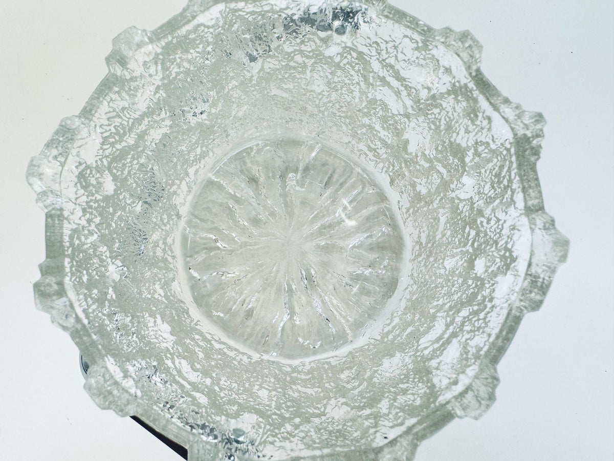 Vintage 1970s Clear Textured Ice Glass Pukeberg Sweden Ice Bucket - Chrome Handle Barware