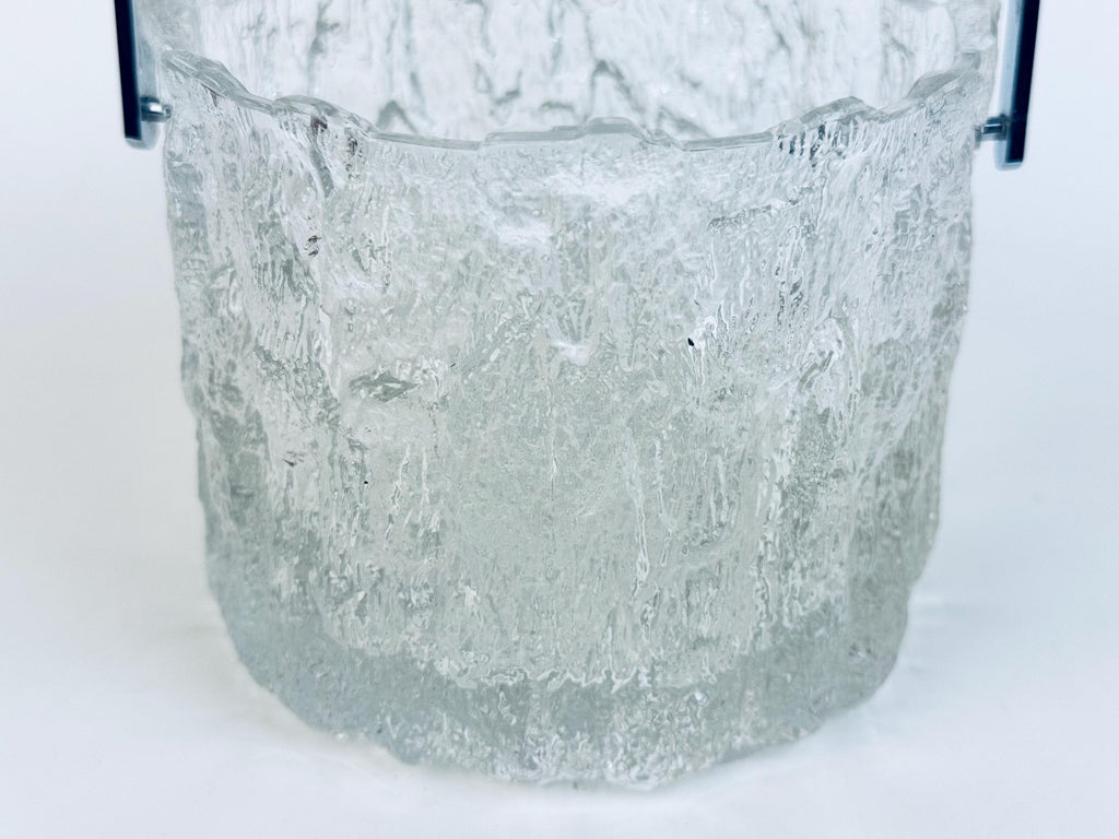 Vintage 1970s Clear Textured Ice Glass Pukeberg Sweden Ice Bucket - Chrome Handle Barware