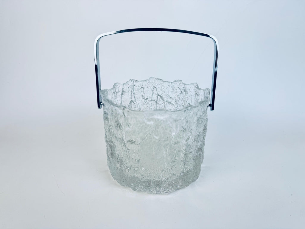Vintage 1970s Clear Textured Ice Glass Pukeberg Sweden Ice Bucket - Chrome Handle Barware