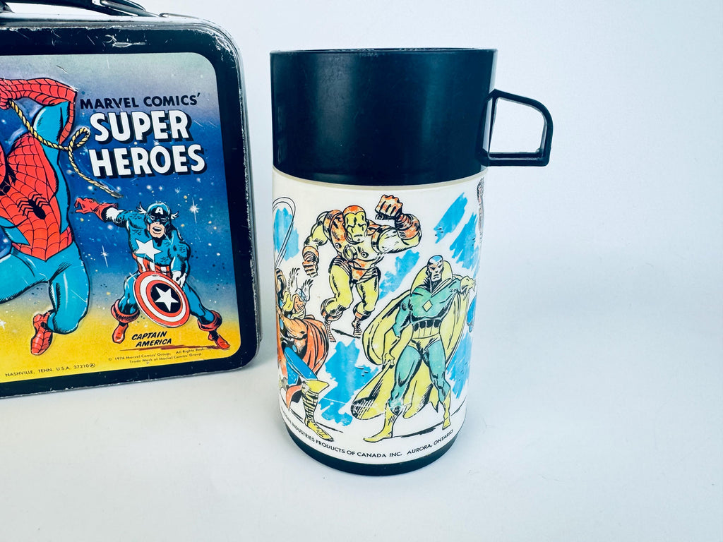 Vintage 1976 Marvel Comics Super Heros Metal Lunch Box & Thermos  Aladdin Industries USA  Spider-Man, Thor, Captain America