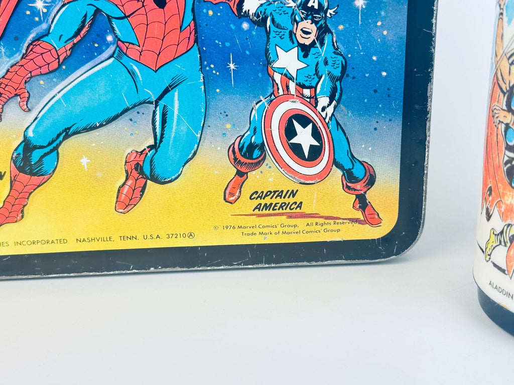 Vintage 1976 Marvel Comics Super Heros Metal Lunch Box & Thermos  Aladdin Industries USA  Spider-Man, Thor, Captain America