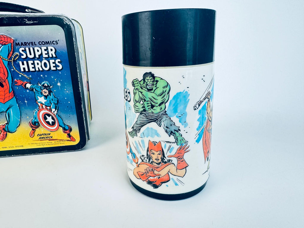 Vintage 1976 Marvel Comics Super Heros Metal Lunch Box & Thermos  Aladdin Industries USA  Spider-Man, Thor, Captain America