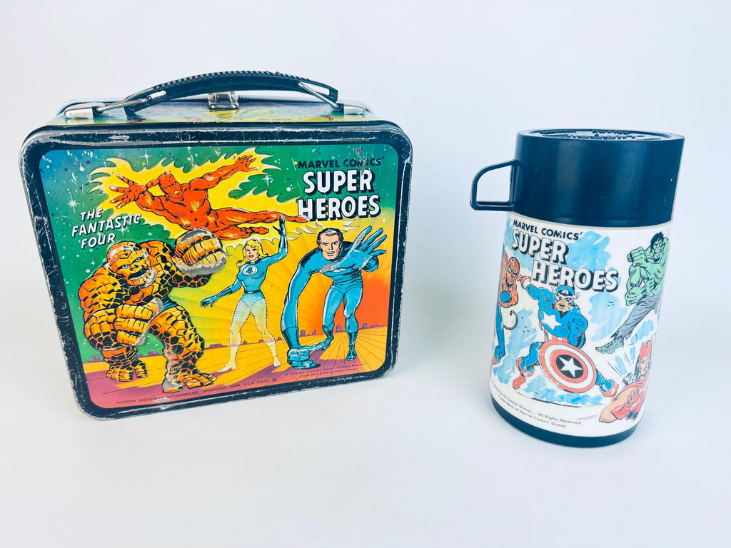 Vintage 1976 Marvel Comics Super Heros Metal Lunch Box & Thermos  Aladdin Industries USA  Spider-Man, Thor, Captain America