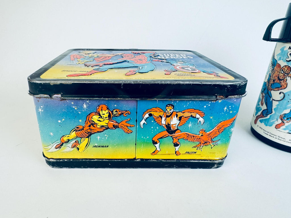 Vintage 1976 Marvel Comics Super Heros Metal Lunch Box & Thermos  Aladdin Industries USA  Spider-Man, Thor, Captain America