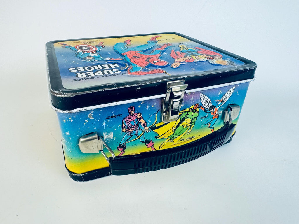 Vintage 1976 Marvel Comics Super Heros Metal Lunch Box & Thermos  Aladdin Industries USA  Spider-Man, Thor, Captain America