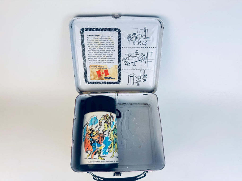 Vintage 1976 Marvel Comics Super Heros Metal Lunch Box & Thermos  Aladdin Industries USA  Spider-Man, Thor, Captain America