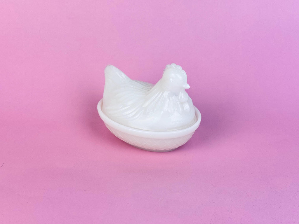 Vintage 1970s Milk-Glass Hen on Nest Covered Dish  Farmhouse Tabletop Accent