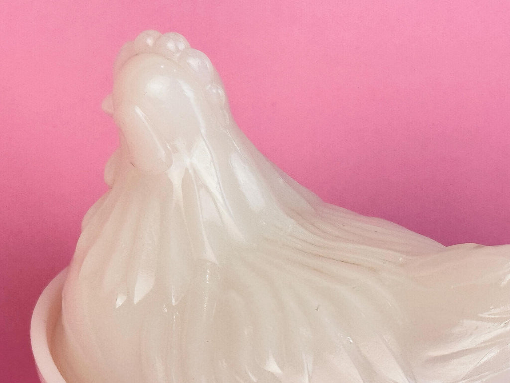 Vintage 1970s Milk-Glass Hen on Nest Covered Dish  Farmhouse Tabletop Accent