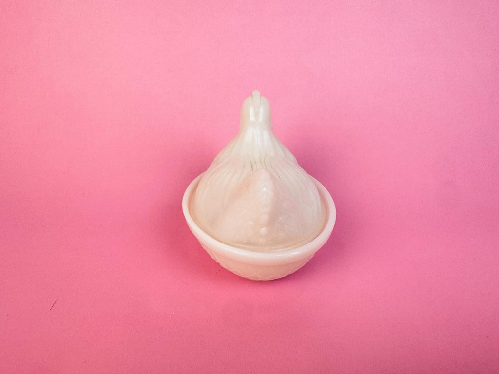 Vintage 1970s Milk-Glass Hen on Nest Covered Dish  Farmhouse Tabletop Accent