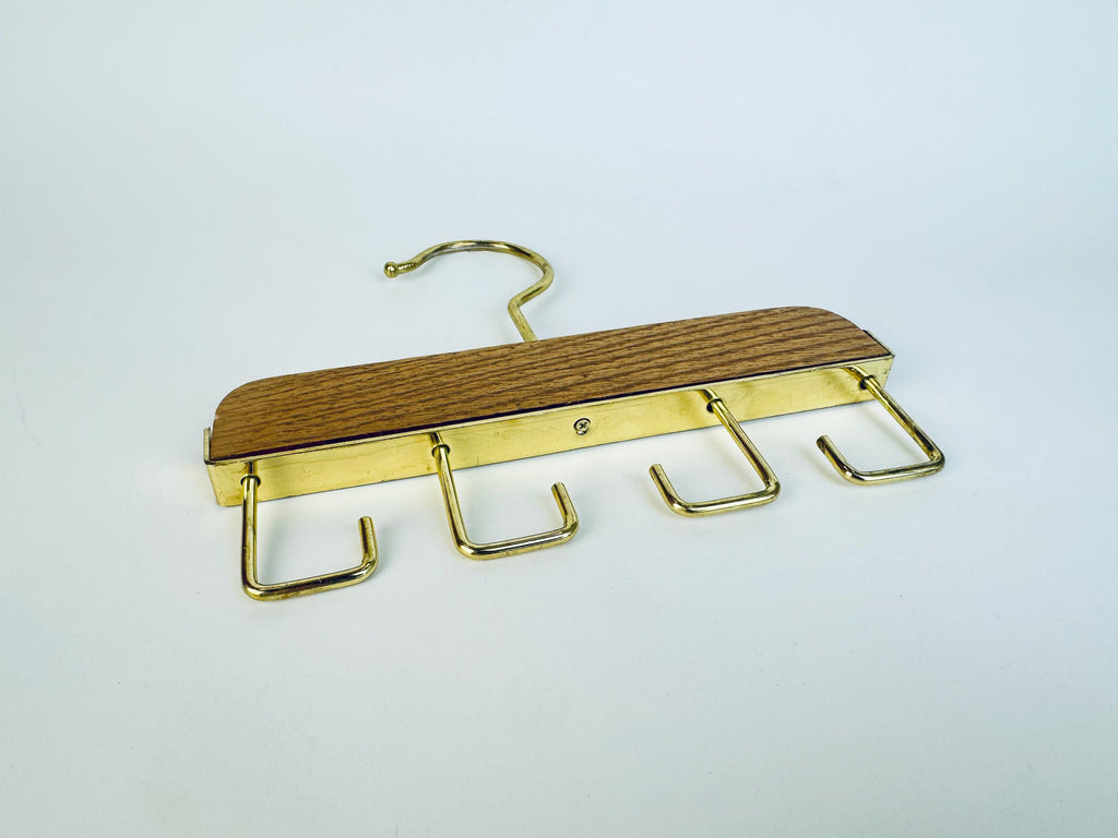 Vintage 1970s Gold-Tone Oak Closet Hanging Belt Tie Organizer Rack
