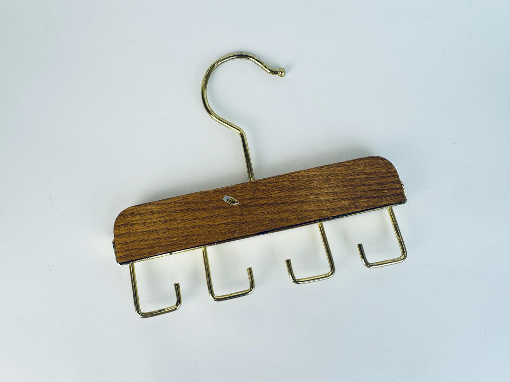 Vintage 1970s Gold-Tone Oak Closet Hanging Belt Tie Organizer Rack