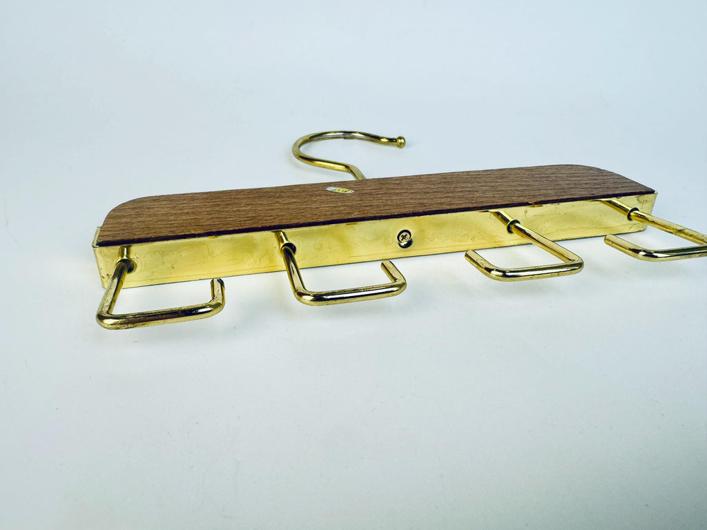 Vintage 1970s Gold-Tone Oak Closet Hanging Belt Tie Organizer Rack